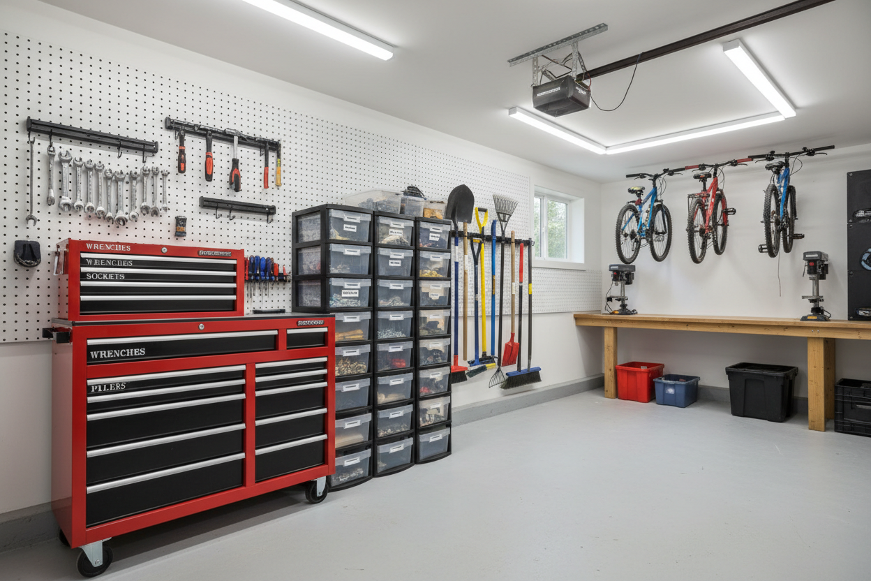 Garage Storage Setup for Work Tools, Hardware, and Seasonal Supplies