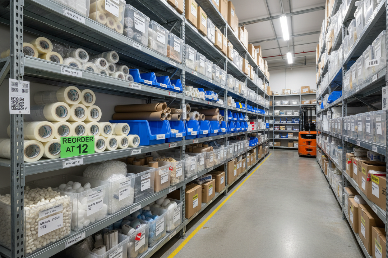 Organized warehouse with packaging supplies and inventory system