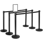 Qbuster Black Stanchions with Retractable Belts, Crowd Control Safety Barrier with 11’ Black Belts, 1 Sign Holder, Set of 6 Posts