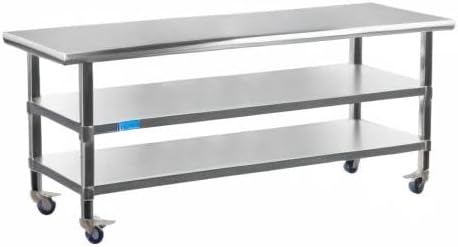 AmGood Stainless Steel Work Table with 2 Shelves and Casters | Metal Utility Table On Wheels (Stainless Steel Work Table with 2 Shelves + Casters, 72" Long x 24" Deep)