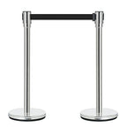 DuraSteel Chrome Crowd Control Barriers Stanchions with Retractable Belts - Metal Stanchion Posts w/ 6.5ft Black Retractable Barrier Belt Ropes - Queue VIP Safety Line Dividers - Set of 2 Stantions