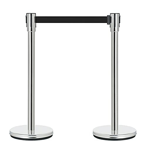 DuraSteel Chrome Crowd Control Barriers Stanchions with Retractable Belts - Metal Stanchion Posts w/ 6.5ft Black Retractable Barrier Belt Ropes - Queue VIP Safety Line Dividers - Set of 2 Stantions