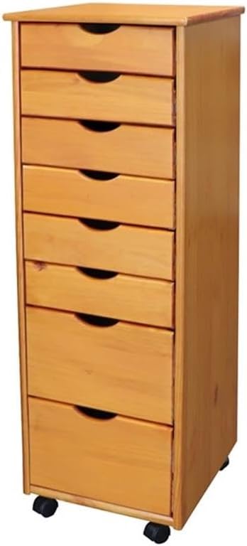 Pemberly Row Modern Solid Wood 6+2 Drawers Roll Utility Cart in Med Pine