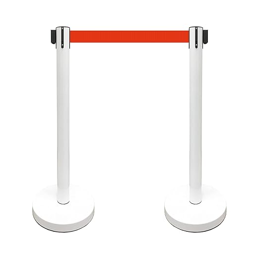 VIP Crowd Control Retractable Belt Stanchion Queue Safety Barrier Set, 36" Ht, 78" Belt (2 WHT Posts Red Belt)