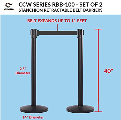 Crowd Control Warehouse CCW Series RBB-100 - Set of 2 Stanchion Retractable Belt Barriers - 11 Foot, Red"Authorized Access ONLY" White Letters Belt with Black Post - Easy Assembly