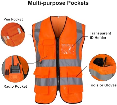 Reflective Safety Vest for Men Women 6 Pockets High Visibility Construction Work Vest, Class 2, Meets ANSI Standards