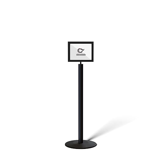 Floor Standing Sign Frame with Steel Low Profile Base, 8.5 inches by 11 inches Horizontal Sign Frame, Black Post