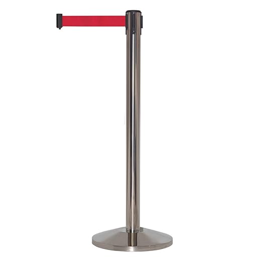 Crowd Control Warehouse CCW Series RBB-100 - Set of 2 Stanchions with Retractable Belts - 11 Foot Red Belt, Polished Stainless Steel Post - Crowd Control Barriers