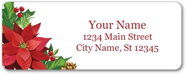 Personalized Return Address Labels - Christmas Poinsettias Flowers - 60-1000 Custom Self-Adhesive Stickers