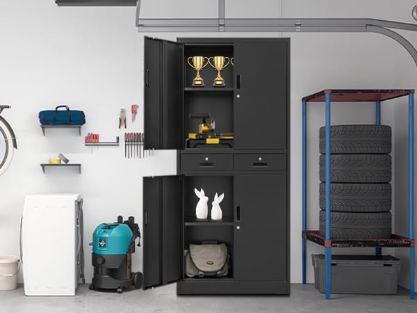 BESFUR 71“H Metal Storage Cabinet with 2 Lockable Drawers and 2 Lockable Doors, Garage Cabinet with 2 Adjustable Shelves, Locking Cabinet for Garage, Office, Classroom - Black