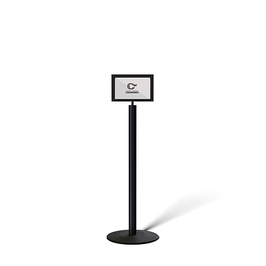 Floor Standing Sign Frame with Steel Low Profile Base, 7 inches by 11 inches Horizontal Sign Frame, Black Post