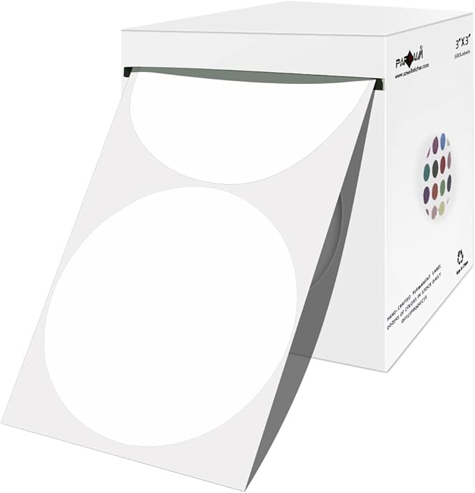 PARLAIM 3 Inch Round Color-Code Dot Stickers, 500 3" X 3" White Color Coding Circle Labels per Roll Dispenser Box for Inventory Management