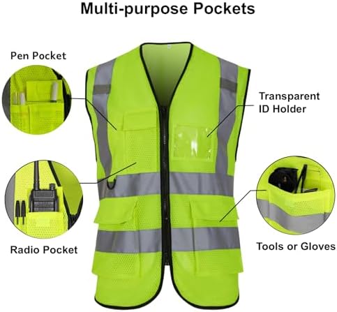 Reflective Safety Vest for Men Women 6 Pockets High Visibility Construction Work Vest, Class 2, Meets ANSI Standards
