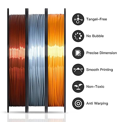 Geeetech Bundle Silk PLA Filament 1.75mm for 3D Printer, Metal-Like Shiny 3D Filament, 3 Spools Pack, 0.5kg/Spool, Dimensional Accuracy +/- 0.02 mm, Metallic Silver+Copper+Gold