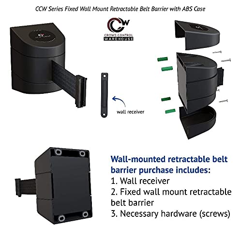 Crowd Control Warehouse - CCW Series WMB-220 Fixed Wall Mount Retractable Belt Barrier - 15 Foot, Black Belt with Black ABS Case, Crowd Control Barriers