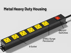 Heavy Duty 6 Outlet Metal Long Power Strip, 2700J Surge Protector with 15A Circuit Breaker, 10FT Extension Cord, Wall Mount for Garage, Workshop & Industrial Use, Wide Spaced (10ft)