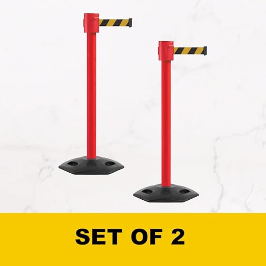 Montour Line MSR760 Set of 2 Retractable Belt Barrier Stanchion, Rubber Base, Red Post (35 ft Yellow with"Danger - Keep Out" Black Letters Belt)