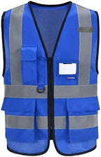 A-SAFETY Blue Safety Vest Reflective Work Vest,Hi Vis Bright Neon Color with 4 Reflective Strips 7 Pockets,Small