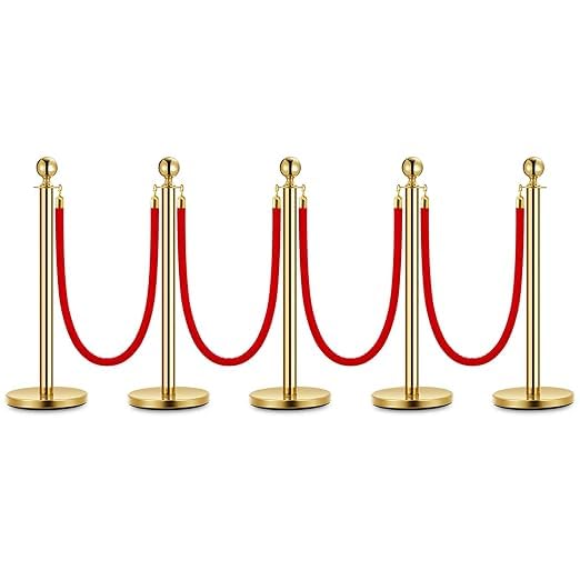 5PCS Gold Stanchion Post, 5 Ft Red Velvet Rope Stainless Steel Crowd Control Barriers Used for Theaters Parties Wedding Museums Exhibition
