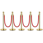 5PCS Gold Stanchion Post, 5 Ft Red Velvet Rope Stainless Steel Crowd Control Barriers Used for Theaters Parties Wedding Museums Exhibition