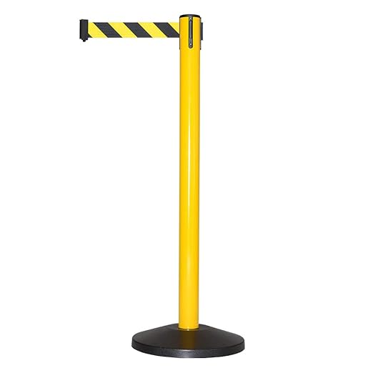 Crowd Control Warehouse CCW Series RBB-100 Set of 2 Stanchions with Retractable Belts - 11 Ft Black/Yellow Belt, Yellow Post - Line Dividers for Crowds Retractable Crowd Control Barriers