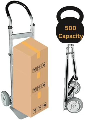Fully Assembled Foldable Hand Truck with 8" Mold-On Rubber Wheels – Horizontal Loop Handle. 500 Lb. Capacity Dolly for Travel, Moving and Office Use | 14 X 7.5 Extruded Aluminum Nose Plate