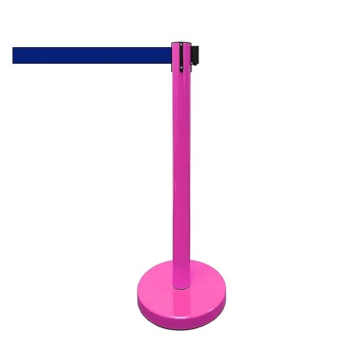 VIP Crowd Control Retractable Belt Stanchion Queue Safety Barrier Set, 36" Ht, 78" Belt (2 M.Pink Posts Blue Belt)