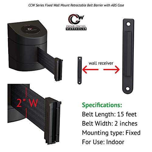 Crowd Control Warehouse - CCW Series WMB-220 Fixed Wall Mount Retractable Belt Barrier - 15 Foot, Black Horizontal Red Stripe Belt with Black ABS Case