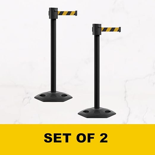 Montour Line MSR760 Set of 2 Retractable Belt Barrier Stanchion, Rubber Base, Black Powder Coated Post (35 ft Black and Orange Diagonal Belt)