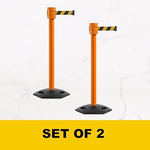 Montour Line MSR760 Set of 2 Retractable Belt Barrier Stanchion, Rubber Base, Orange Post (35 ft Red Belt)