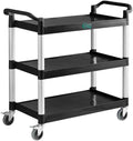 Black 3-Shelf Utility Bus Cart, Plastic Construction, 32 x 16 Inches, 300 lb Capacity, with Swivel Casters, Medium Duty Commercial