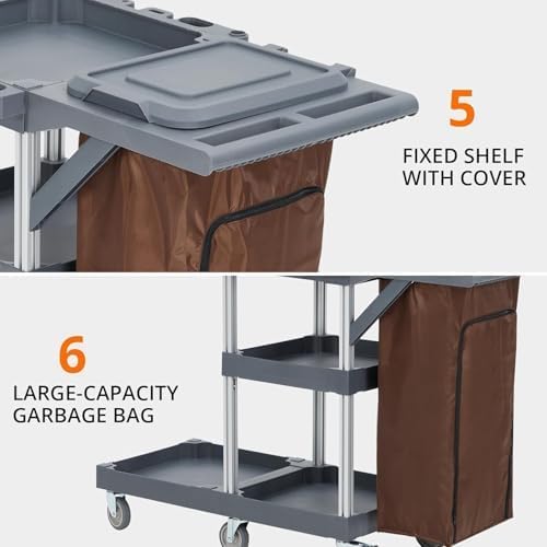 Heavy-Duty Janitorial Cleaning Cart with Wheels, 3-Shelf Rolling Housekeeping Trolley with 16-Gallon Trash Bag – 220 Lb Capacity Utility Cart for Hotels, Schools, Offices & Apartments