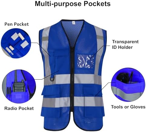 Reflective Safety Vest for Men Women 6 Pockets High Visibility Construction Work Vest, Class 2, Meets ANSI Standards