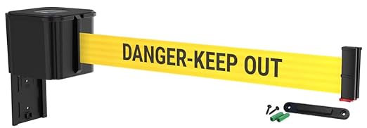 WM412 Retractable Belt Wall Mounted Smooth Black Crowd Control Barrier and Receiving End, 15' Danger Keep Out Belt