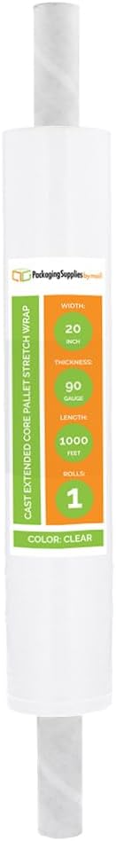 PSBM 1 Roll 20 Inch x 1000 Feet 90 Gauge Stretch Film/Wrap with Handles, Heavy Duty Industrial Strength Clear Shrink Plastic Wrap for Moving, Packing, Shipping, Pallet Wrapping & Storage