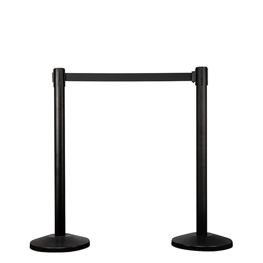 Qbuster Black Stanchions with Retractable Belt, Crowd Control Safety Barrier with 11’ Black Belt, Set of 2 Posts