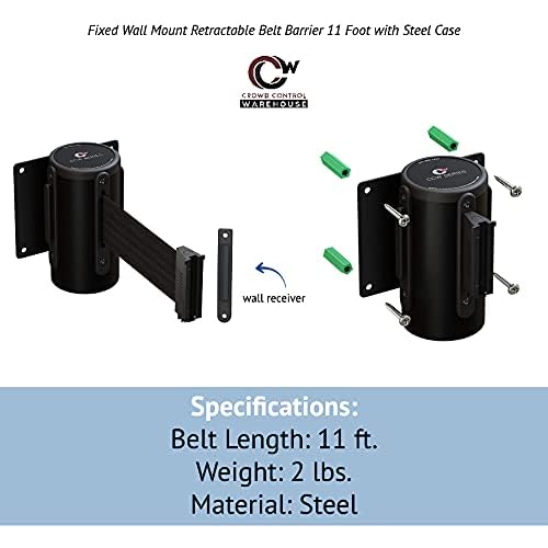 Crowd Control Warehouse - CCW Series WMB-120 Fixed Wall Mount Retractable Belt Barrier - 11 Foot, Dark Grey Belt with Stainless Steel Case