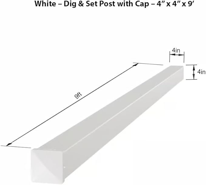 4" x 4" x 9' White Aluminum Dig-Set Fence Post with Cap – Matte Powder-Coated, Durable In-Ground Outdoor Support for Privacy Panels, Garden, Yard & Patio Projects