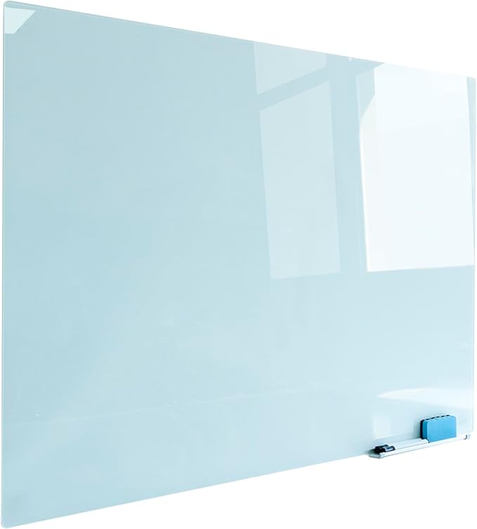 Magnetic Glass Whiteboard with Eraser 48" x 36" Frameless Tempered Glass Dry Erase Board with Marker Tray for Office, Wall Mounted Writing Board (White)