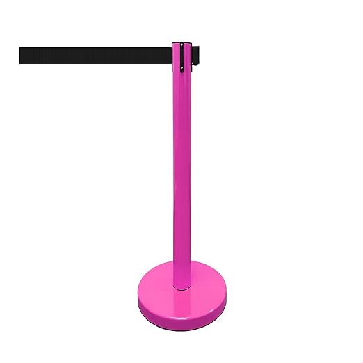 VIP Crowd Control Retractable Belt Stanchion Queue Safety Barrier Set, 36" Ht, 78" Belt (2 M.Pink Posts Black Belt)