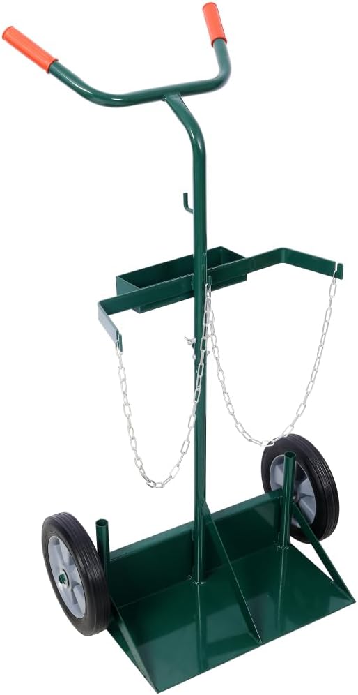 Heavy Duty 440lbs Capacity Welding Cylinder Hand Truck - Dual Oxygen Acetylene Tank Cart Dolly with 10" Solid Rubber Wheels, Tool Box & Welding Rod Holder, Green