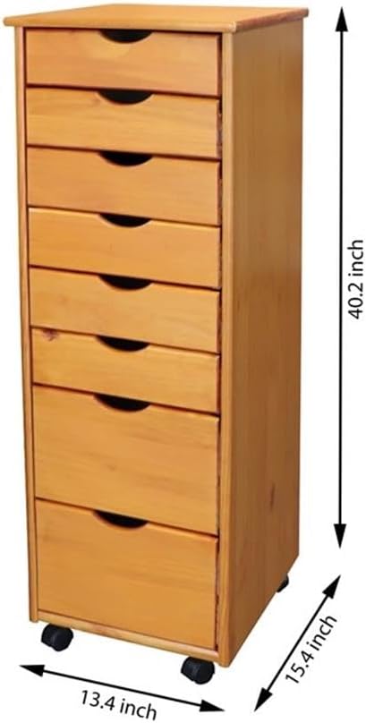 Pemberly Row Modern Solid Wood 6+2 Drawers Roll Utility Cart in Med Pine