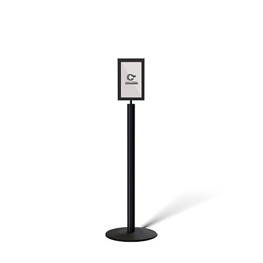Floor Standing Sign Frame with Steel Low Profile Base, 7 inches by 11 inches Vertical Sign Frame, Black Post