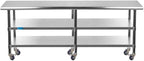 AmGood Stainless Steel Work Table with 2 Shelves and Casters | Metal Utility Table On Wheels (Stainless Steel, 84" Long x 30" Deep)