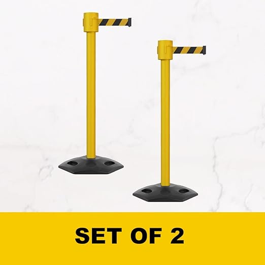Montour Line MSR760 Set of 2 Retractable Belt Barrier Stanchion, Rubber Base, Yellow Post (35 ft Red with"Danger - Keep Out" White Letters Belt)