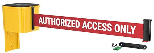 WM412 Retractable Belt Wall Mounted Yellow Crowd Control Barrier and Receiving End, 25' Authorized Access Only Belt