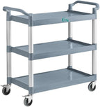 Gray Plastic Utility Cart with 3 Shelves, 42 x 20 Inch, 450 lb Capacity, Swivel Casters, for Restaurant Bussing and Commercial Use