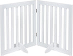 unipaws 24”H Free Standing Pet Gate for Dog Cat, Wooden Dog Gates for Doorway, Stairs, Step Over Foldable Pet Fence for The House, Expandable Doggy Barrier, Indoor Use, White