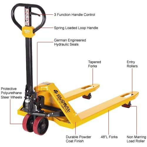 Global Industrial Industrial Duty Pallet Jack with 27" W x 48" L Forks, 5500 lb. Capacity, General Purpose Manual Pallet Truck for Warehouse, Manufacturing and Retail