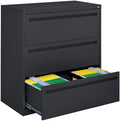 nbf signature series Ogden 3 Drawer Lateral File Cabinet - Steel Metal Filing Cabinet with Locking Drawers - Heavy Duty Cabinets for Organized Office File & Folder Storage - 42" W, Black
